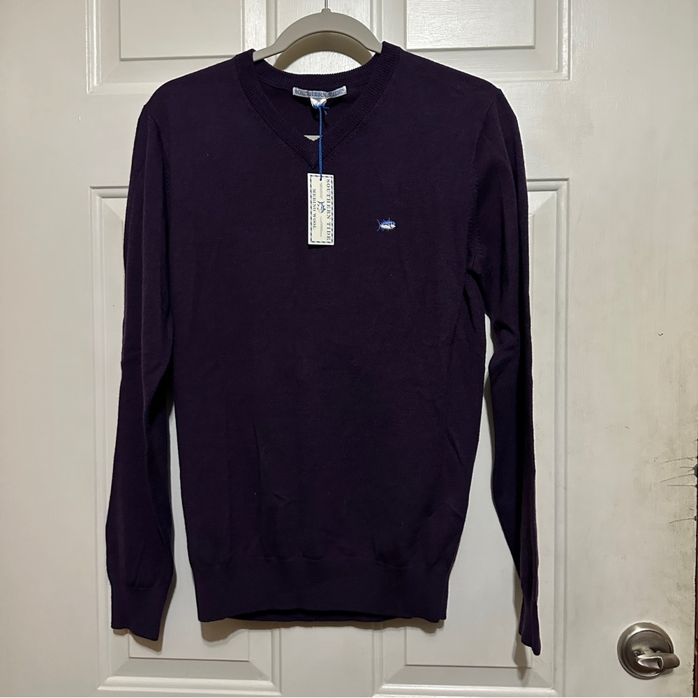 Men's Southern Tide 100% Merino Wool‎ Pullover V-Neck Sweater Solid Purple Small